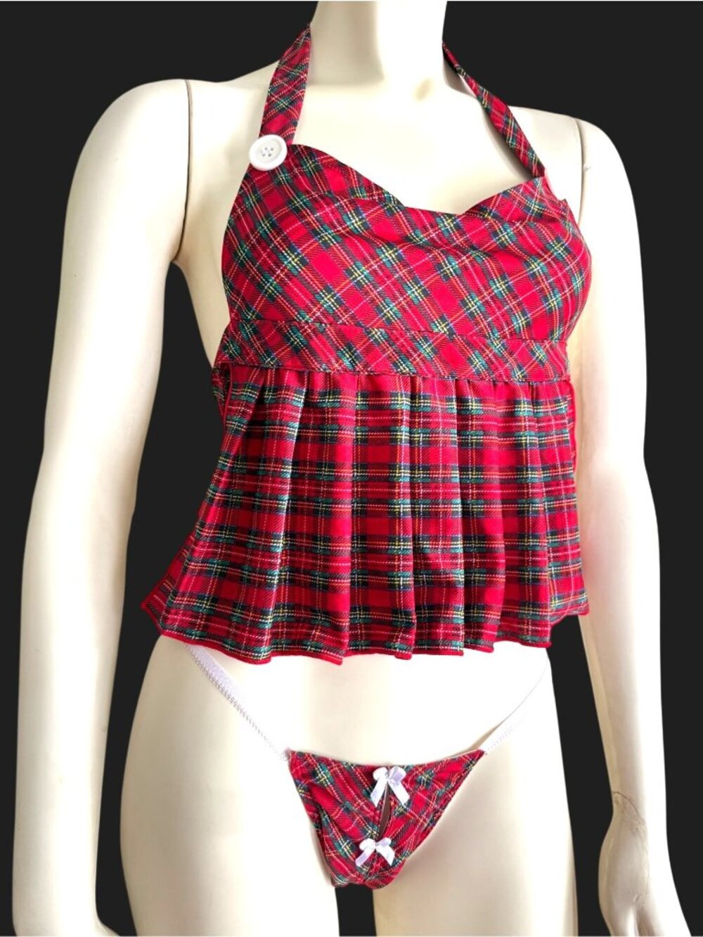 Size S Dreamgirl red tartan plaid bib teddy set 2 pc ruffle bum lingerie